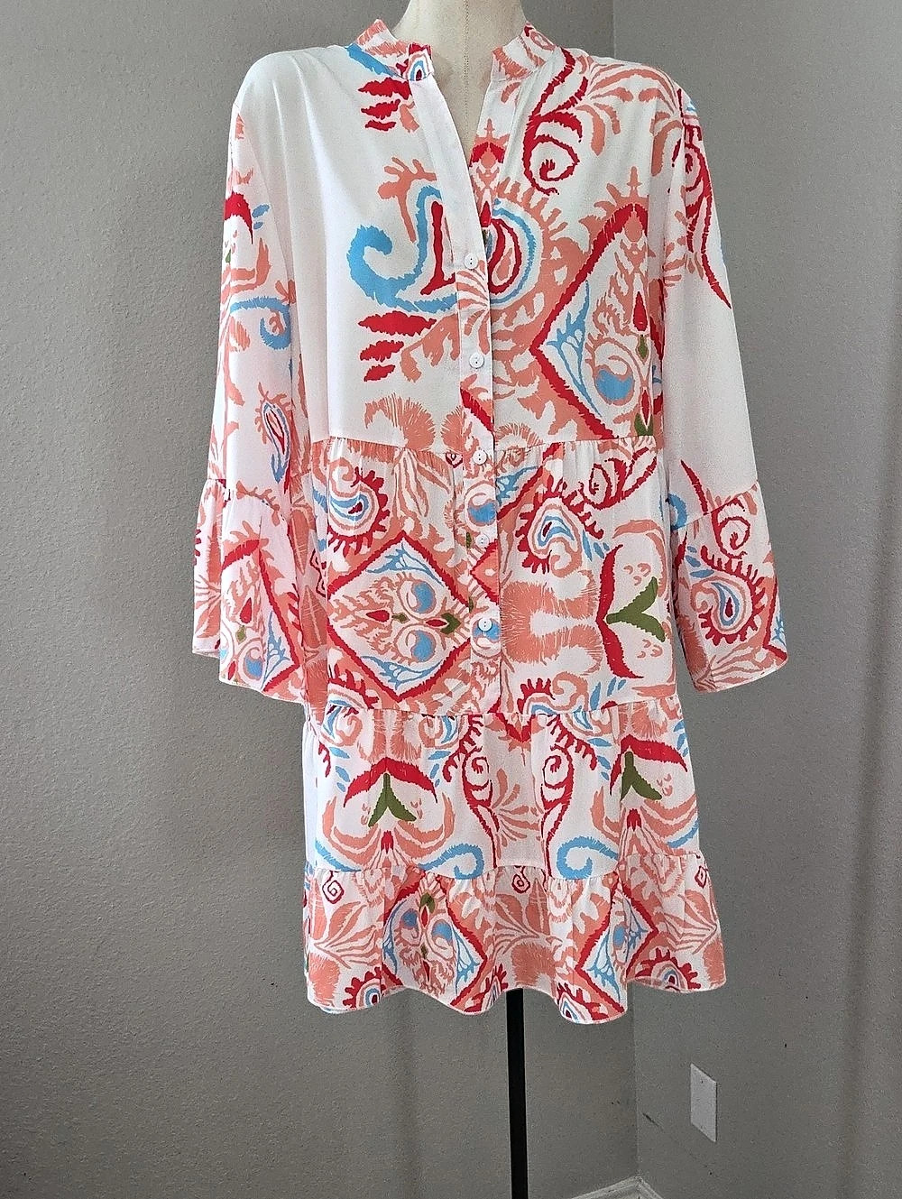 Amazon Tiered Paisley Print Button Front Bell Sleeve Dress